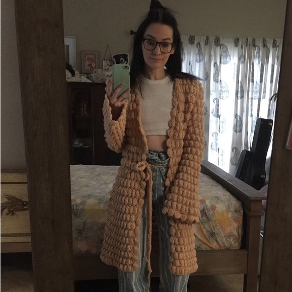 Vintage chunky knit sweater duster coat pale peach bell sleeves XS S - Picture 2 of 15